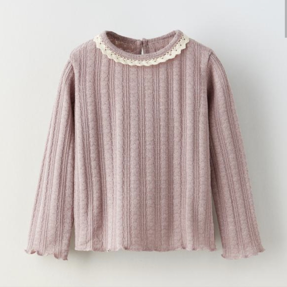 ZARA Kids - Contrast Lace Trim T-Shirt - MAUVE- 4/5 YRS - NWT